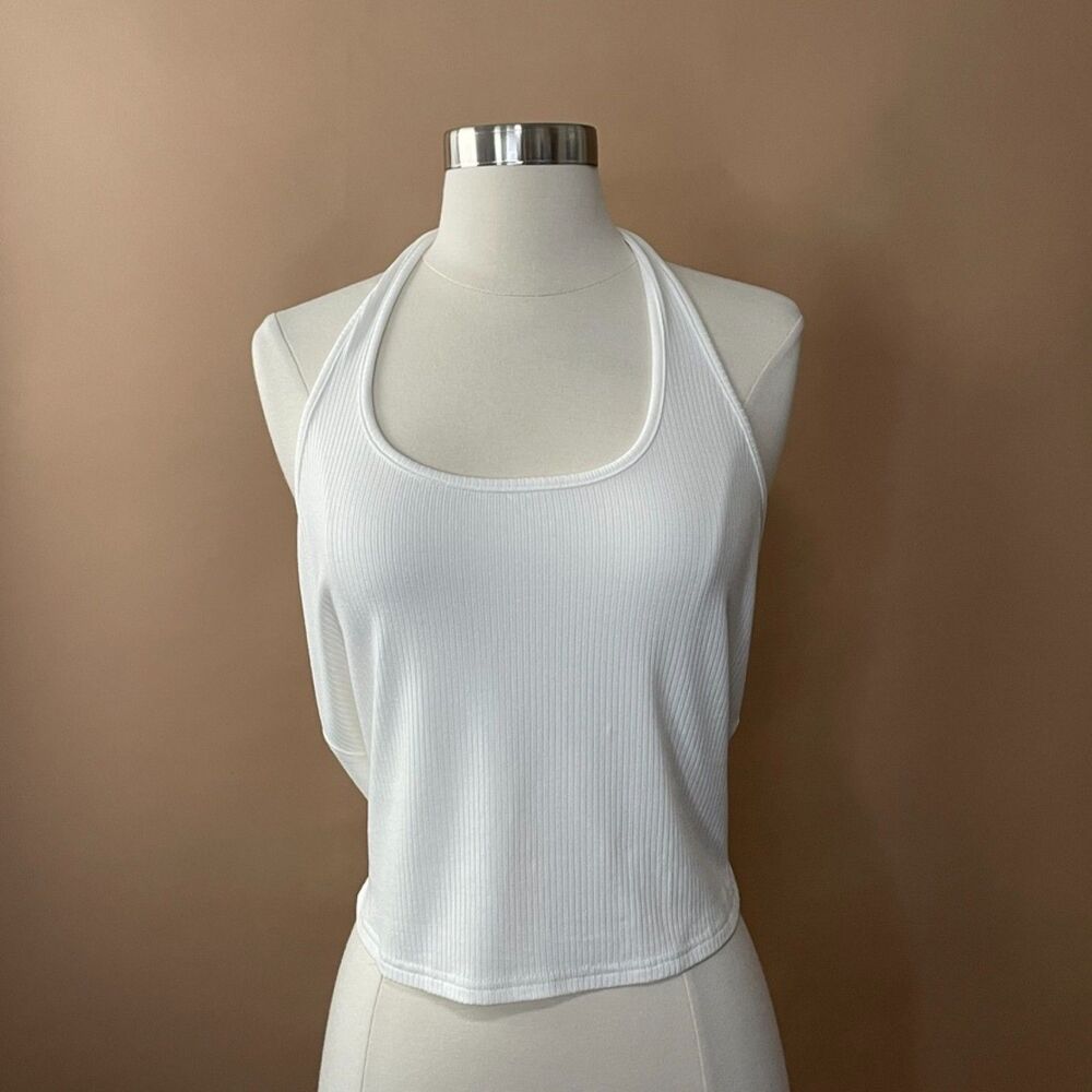 Ekouear White Ribbed Halter Crop Top Womens L Sleeveless NWT Y2K Stretch
